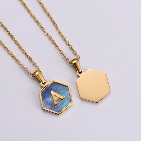 Collana con Pendente Esagonale Alfabeto Acciaio Inossidabile Placcato Oro Madreperla Blu Lettera Gioielli per Donna Regalo