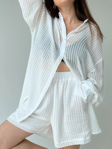 Damen Co-ords Vertikale Textur Transparente Langarmbluse Lässige Sommer Lockere Bluse Und Shorts