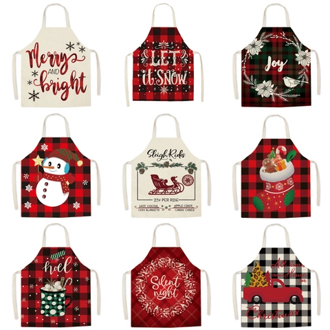 Delantal De Navidad Lino Poliéster Cuadros Búfalo Copo De Nieve Reno Muñeco De Nieve Cocina Hornear Decoración De Fiesta Para Adultos Niños