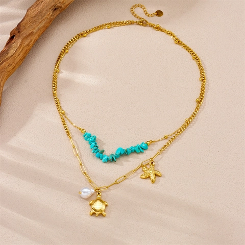 Double Layer Stainless Steel Gold Plated Turquoise Stone Starfish Turtle Pendant Necklace With Artificial Pearl Beach Style Women