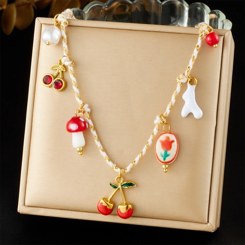 Collana Con Ciondolo Stilo Pastorale Dolce Acciaio Inossidabile Corda Intrecciata Placcata Oro Ciliegia Fungo Perla Artificial Per Donne