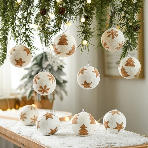 White Snow Texture Foam Christmas Ball Ornaments With Cork Star Tree And Snowflake Patterns For Xmas Tree Decoration