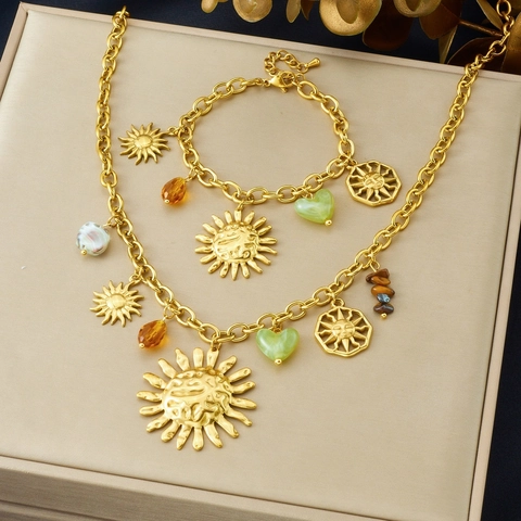 Collana E Bracciale Sole Bohémien In Acciaio Inossidabile Placcato Oro Con Ciondolo A Cuore Di Perline Per Donna Gioielli Vintage