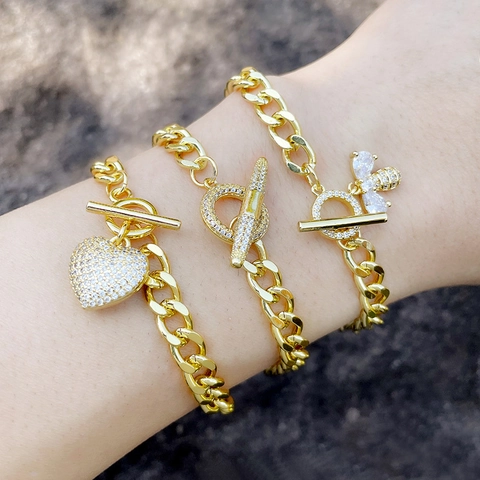 Cuban Link Chain Bracelet Copper 18K Gold Plated Pave Zirconia Heart Bee Toggle Clasp Hip Hop Jewelry For Women