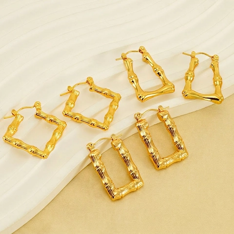 Pendientes De Aro Vintage Nudo De Bambú Acero Inoxidable Chapado En Oro De 18K Geométricos Rombo Cuadrados Forma U Para Mujeres