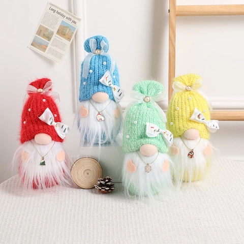 Christmas Gnome Plush Ornament Knitted Faceless Doll With Led Lights Colorful Bows Artificial Pearl Accents Holiday Tabletop Decor