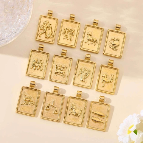 Zodiac Constellation Charms Pendants Stainless Steel Gold Plated Rectangular Tag For Jewelry Making Findings