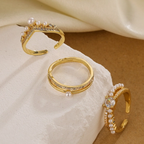 Anillo Geométrico Ajustable Elegante De Cobre Chapado En Oro Con Circonita E Imitación Perla Artificial Joyería Chic Para Mujer