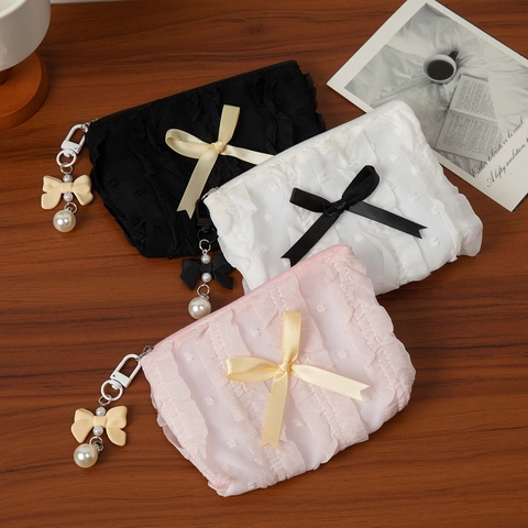 Cute Makeup Bag Polyester Seersucker Lace Bow Artificial Pearl Pendant Ruffled Polka Dot Korean Style Portable Pouch Women Storage