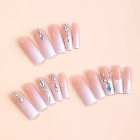 Uñas Postizas Largas Ataúd Degradado Rosa Blanco Brillo Diamantes De Imitación Estilo Francés Para Mujeres