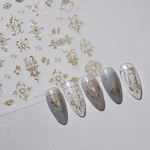 Gold Bronzing 3D Relief Nail Art Stickers Baroque Retro Floral Heart Pattern Self Adhesive Manicure Decoration For Women