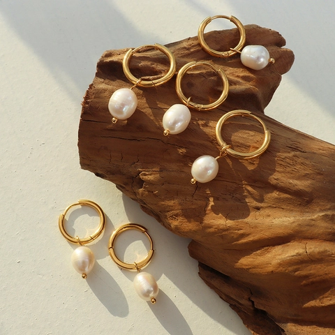 Franse Vintage 18K Verguld Titaniumstaal Zoetwaterparel Oorbellen Voor Dames Minimalistische Geometrische Hanger Oorbellen