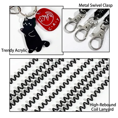 Schwarze Katze Acryl Schlüsselanhänger Mit Spiralfederband Anti-Verlust Taschenanhänger Zubehör Für Frauen Mädchen