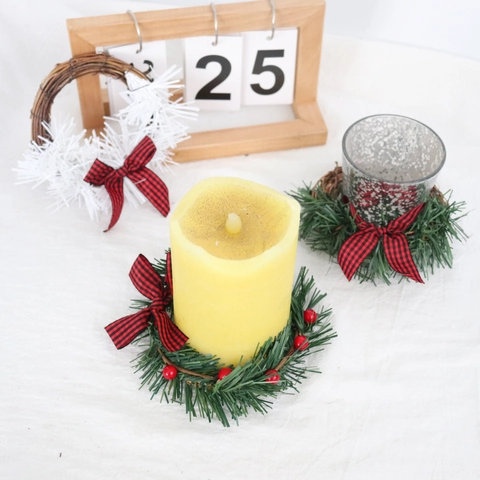 Artificial Christmas Candle Ring Wreath Mini Pine Needles Red Berries Buffalo Plaid Bow Festive Holiday Table Ornament