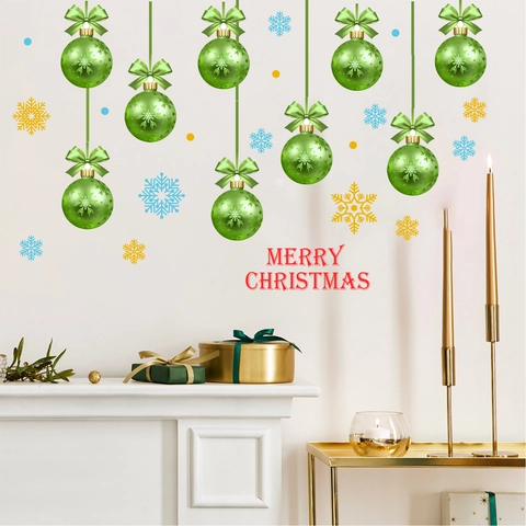 Stickers Muraux De Noël En PVC Auto-Adhésif Boule Verte Flocon De Neige Inscription Merry Christmas Pour La Décoration Festive De La Maison