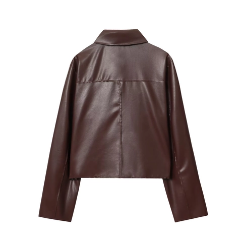 Chaqueta de Cuero PU Vintage para Mujer Solapa Manga Larga Abrigo Corto Con Bolsillos Grandes Color Sólido Streetwear