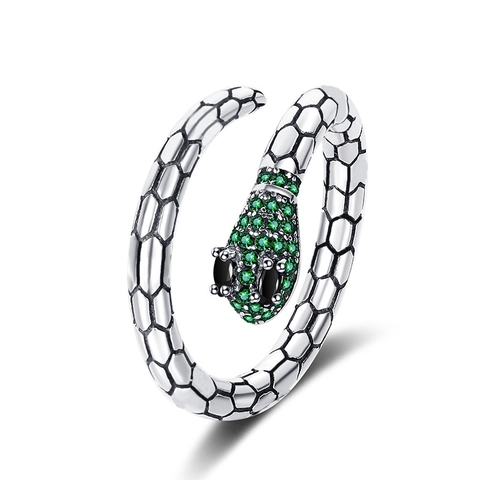 925 Sterling Silver Emerald Green Zirconia Snake Open Ring For Women Adjustable Animal Design Vintage Antique Jewelry