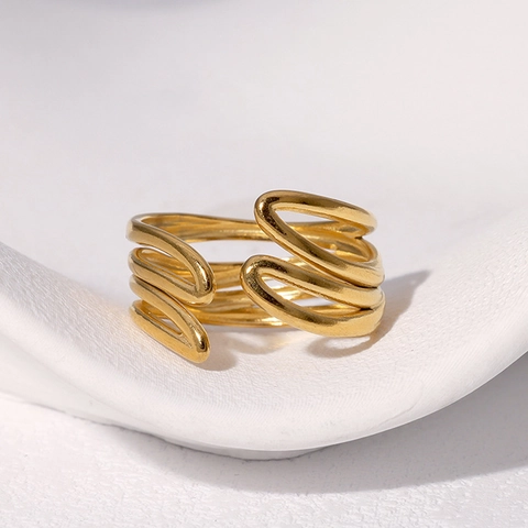 Anillo De Acero Inoxidable Para Mujer Líneas Geométricas Huecas Diseño Ondulado Multicapa Estilo Minimalista Ajustable