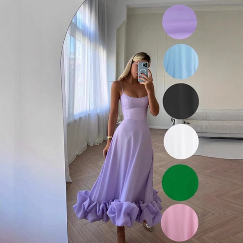 Elegante Maxikleid Mit Spaghettiträgern Quadratischem Ausschnitt Rüschensaum Hoher Taille Für Formelle Abendpartys