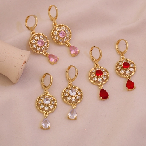 Pendientes Colgantes De Gota De Agua Con Flores Huecas Vintage Cobre Cristal Incrustado Estilo De Lujo Ligero Para Mujeres