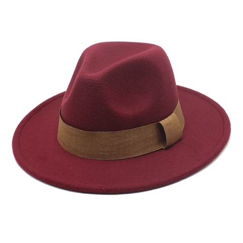 Vintage Wide Brim Fedora Hat Wool Felt Jazz Cap With Brown Ribbon Band Retro Solid Color For Men Women Autumn Winter
