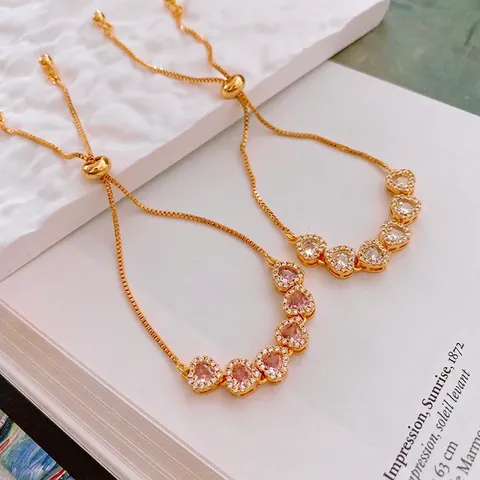 Hart Verstelbare Armband Koper Verguld Met Zirkoon Roze Wit Edelsteen Schuifsluiting Luxe Sieraden Voor Vrouwen