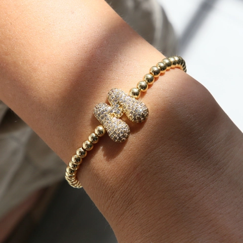 Alphabet Initial Letter Beaded Bracelet Gold Plated Copper Beads Micro Pave Cubic Zirconia Pendant Elastic Women Jewelry