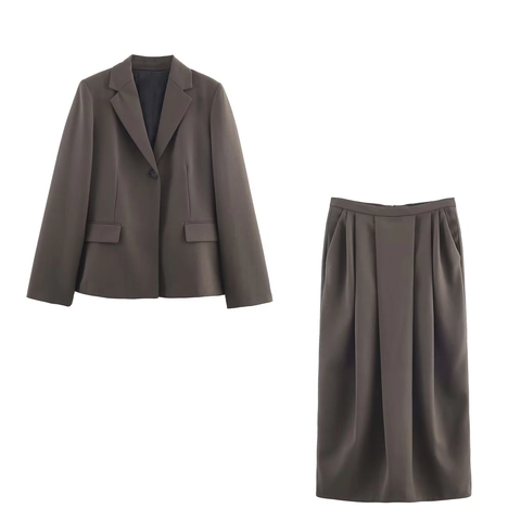 Single Breasted Blazer And High Waist Pleated Midi Skirt Polyester Blend Minimalist Casual Streetwear Office Women