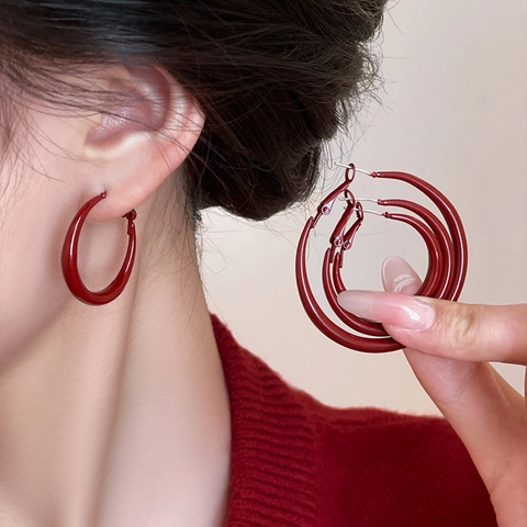 Geometrische Ronde Hoop Oorbellen Met 925 Sterling Zilveren Oorknopje Bourgondië Rood Glanzend Elegant Retro Sieraden Voor Vrouwen
