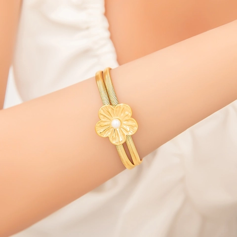 Lussuoso Braccialetto a Doppia Catena a Serpente in Acciaio Inossidabile Placcato Oro 18K per Donna Ciondolo Margherita Sole Stella Marina Strass Perla Artificiale