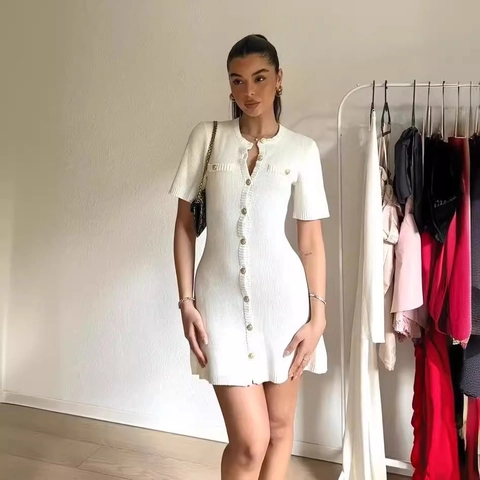Women Knitted Short Sleeve Mini Dress Slim Fit Round Neck Gold Buttons French Elegant Bodycon Casual Lady