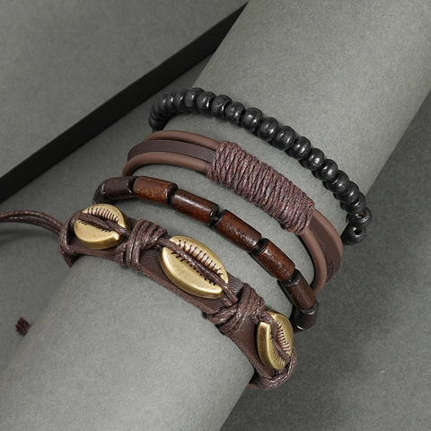 Bohemian Vintage Plastic Resin Shell Bracelet Set For Men Women Handmade Woven Multilayer Beads Wrap Wristband Jewelry