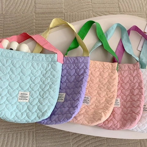 Quilted Heart Pattern Tote Bag Contrast Color Large Capacity Cotton Shoulder Bag Japanese Style For Women