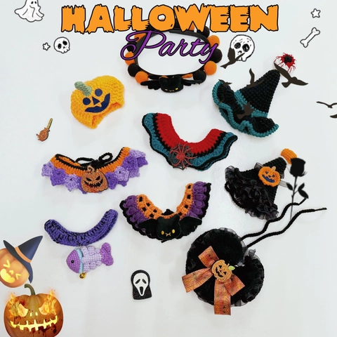 Cappello E Collare Di Halloween Per Animali Domestici Fatti A Mano Uncinetto Zucca Pipistrello Ragno Per Gatti