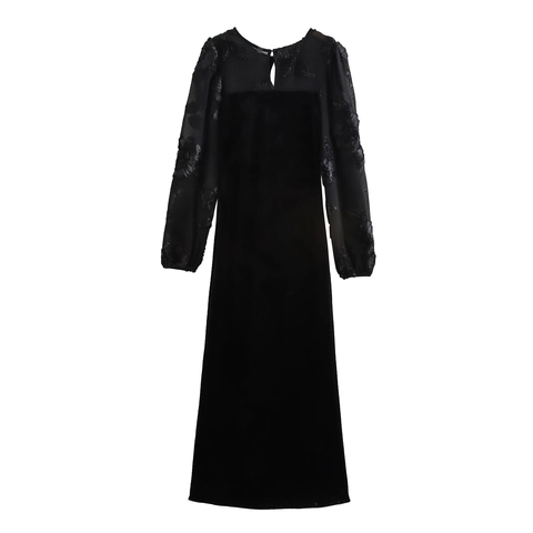 Elegantes Schwarzes Samt Maxikleid Mit 3D Blumenstickerei Mesh Patchwork Langarm Hohe Taille Französischer Stil Abendparty