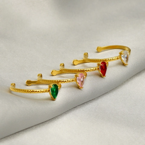 Gehamerde Roestvrijstalen Open Ring 18K Verguld Waterdruppel Zirkoon Verstelbare Vinger Sieraden Voor Dames Elegant