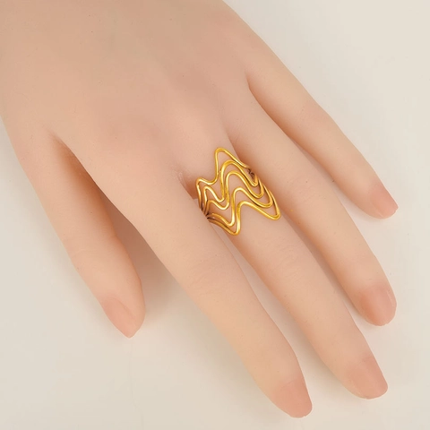 Minimalistischer Edelstahl Unregelmäßiger Welliger Offener Ring Für Damen 18K Gold Silber Plattierter Geometrischer Schmuck