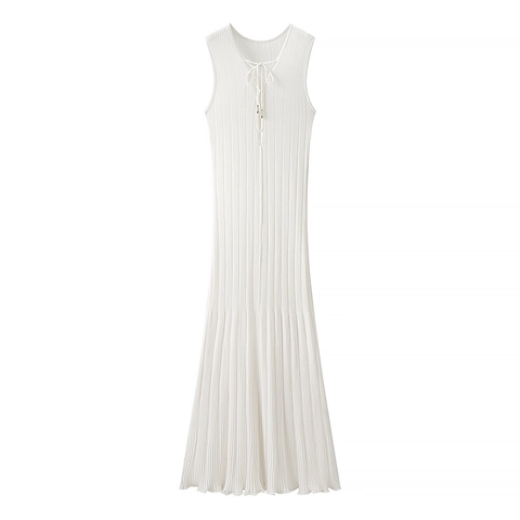 Sleeveless Knit Maxi Dress Deep V Neck Lace Up Ribbed Solid White Elegant Slim Fit Ankle Length Bodycon Party Wear