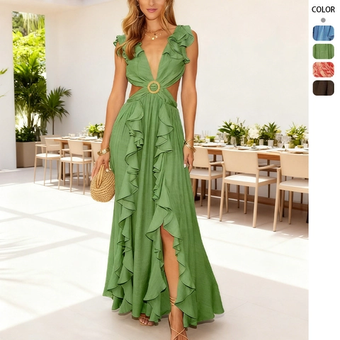 Bohemian Maxi Dress Sexy Deep V Neck Cut Out Waist Ruffle Polyester Vacation Backless Ring Detail Elegant Long Dresses