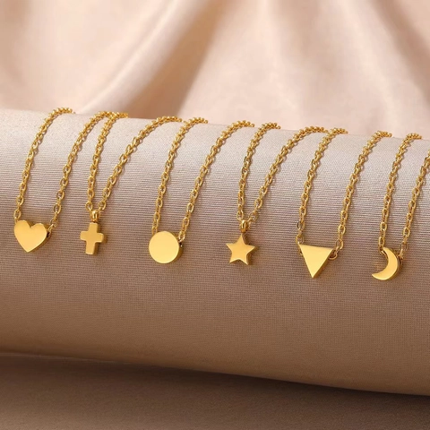 Minimalist Geometric Pendant Necklace Titanium Steel Gold Plated Heart Cross Star Moon Triangle Round Elegant Women