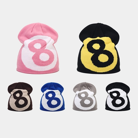 Knit Beanie Hat Soft Acrylic 8-Ball Jacquard Pattern Streetwear Hip Hop Warm Winter Cap For Men Women Unisex Retro Style