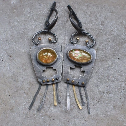 Vintage Antique Silver Tone Alloy Cross Cutout Drop Earrings Champagne Synthetic Opal Metal Tassel Fringe Bohemian Gothic Punk Women Jewelry