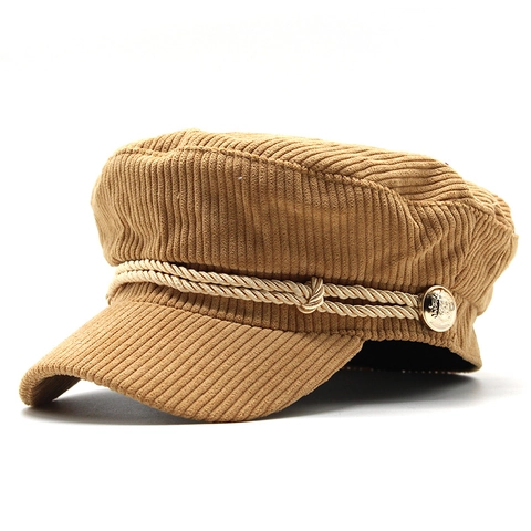 Gorra De Vendedor De Periódicos Vintage De Pana Color Sólido Con Cuerda Trenzada Y Botones Metálicos Sombrero Para Mujer