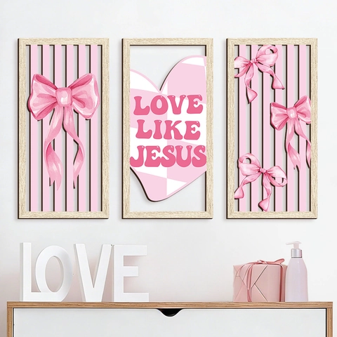 Wanddeko Holzplaketten Rosa Schleife Herz Love Like Jesus Religiöse Inspiration Mädchenzimmer Heimdekoration