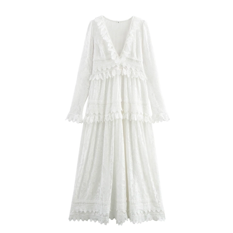 Elegant French Lace Embroidery Maxi Dress V Neck Long Sleeve High Waist Vacation White Women