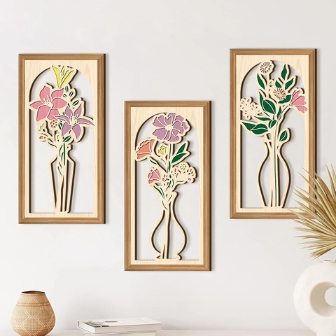 Wooden Wall Art Decor Hollow Out Floral Vase Hanging Panels Home Decoration Rustic Nordic Style