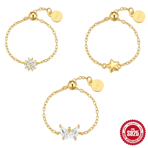 S925 Sterling Silver Butterfly Star Flower Adjustable Chain Ring For Women Gold Plated Zirconia Dainty Jewelry Finger Ring