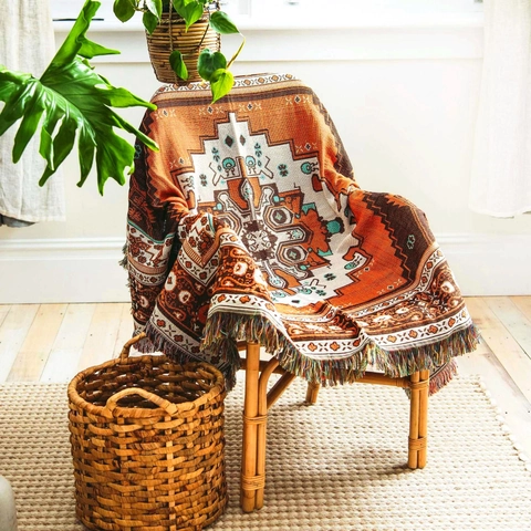 Bohemian Woven Throw Blanket Cotton Jacquard Tassels Sofa Cover Picnic Camping Decorative Ethnic Mystical