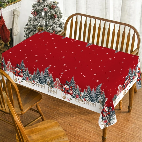 Tovaglia Di Natale Rossa Poliestere Impermeabile Antipolvere Stampa Pupazzo Di Neve Per Decorazione Tavola
