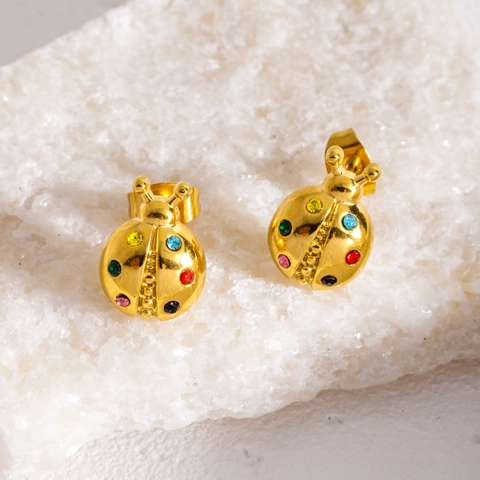 Fashion Stainless Steel Colorful Rhinestone Ladybug Stud Earrings Sweet Insect Jewelry For Women Gold Plated Earrings